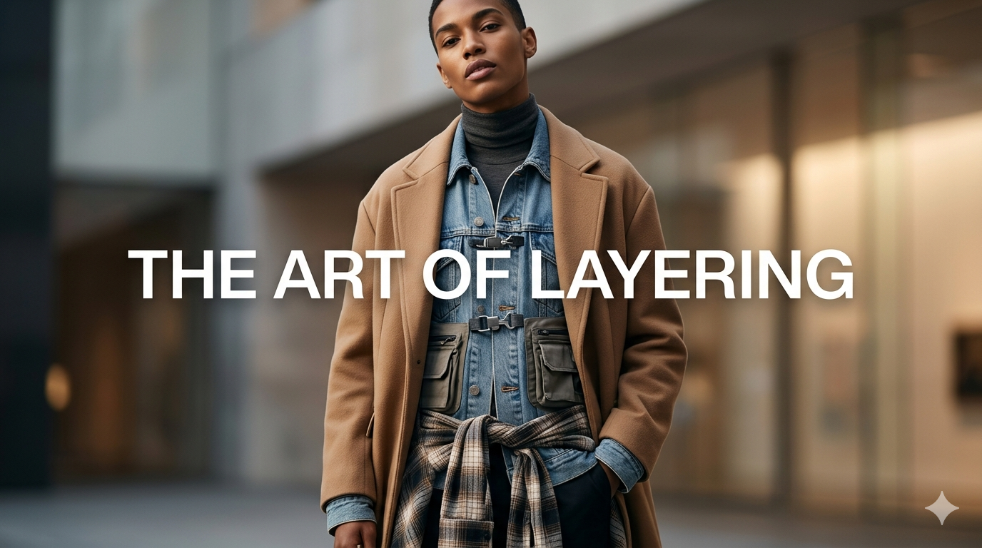 A stylish model wearing multiple layers including a hoodie, denim jacket, and trench coat in a high-fashion 2026 aesthetic.