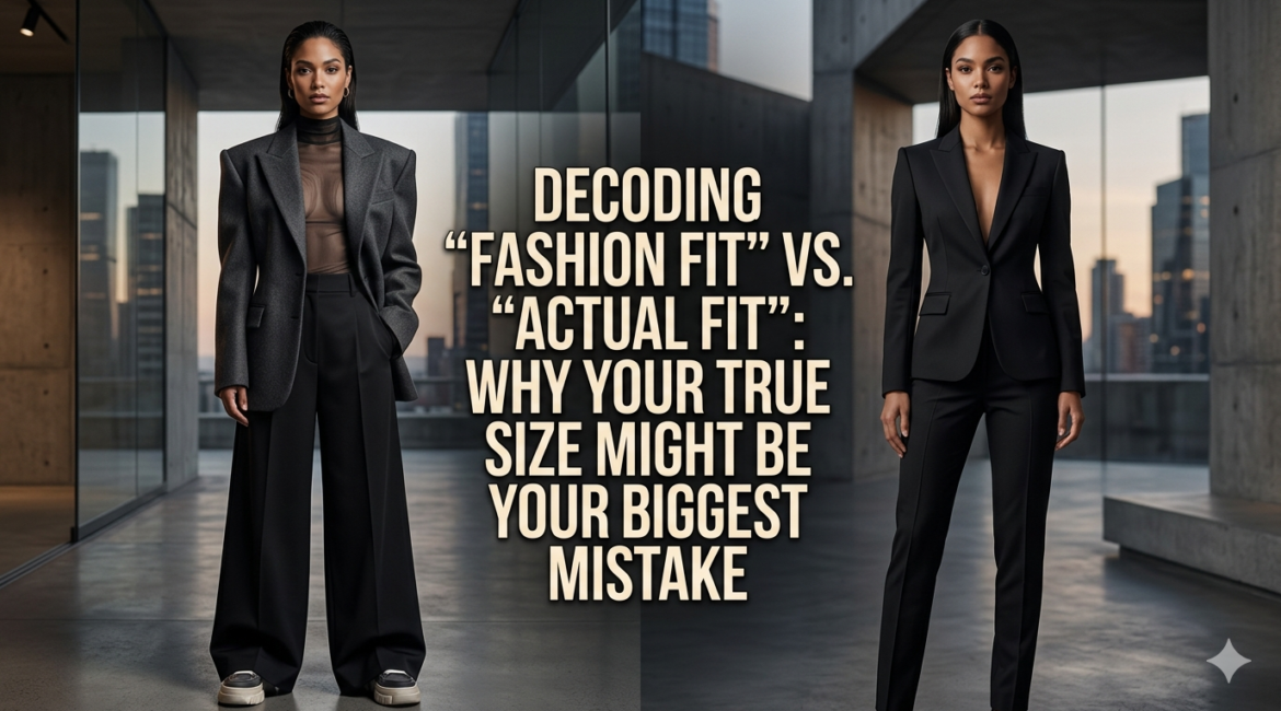 2026 fashion editorial showing a model wearing a mix of oversized and slim fit clothing for a magazine cover.