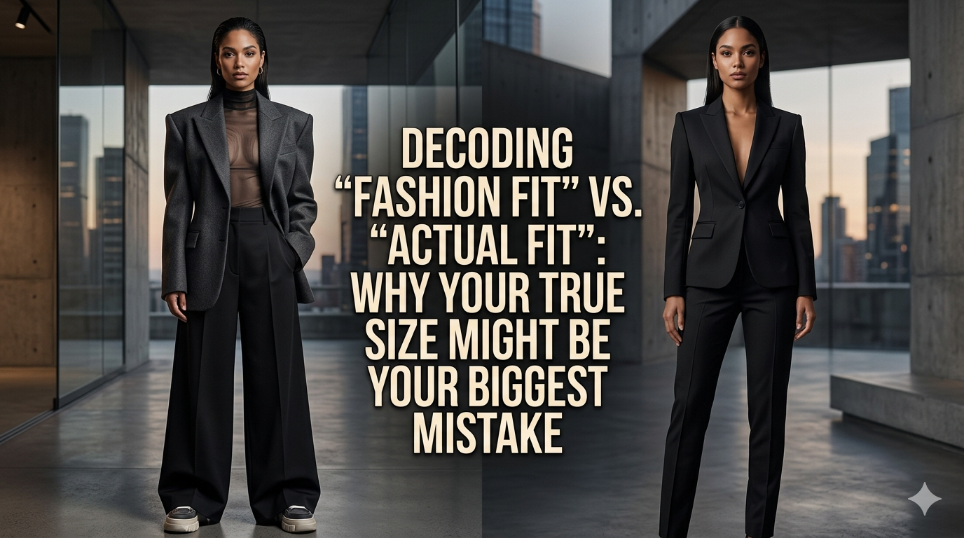 2026 fashion editorial showing a model wearing a mix of oversized and slim fit clothing for a magazine cover.
