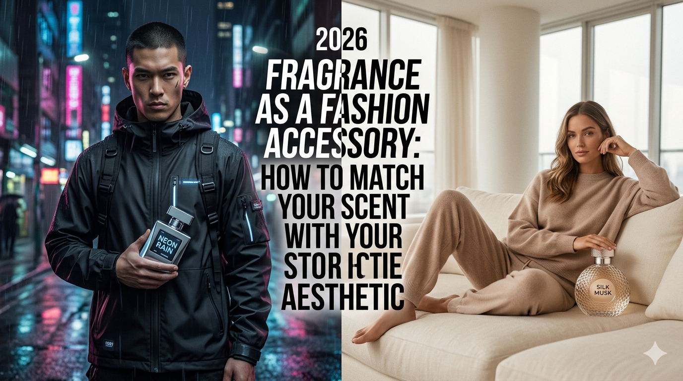 A high-fashion editorial shot featuring a 2026 Techwear outfit and a luxury perfume bottle in a cinematic studio setting.