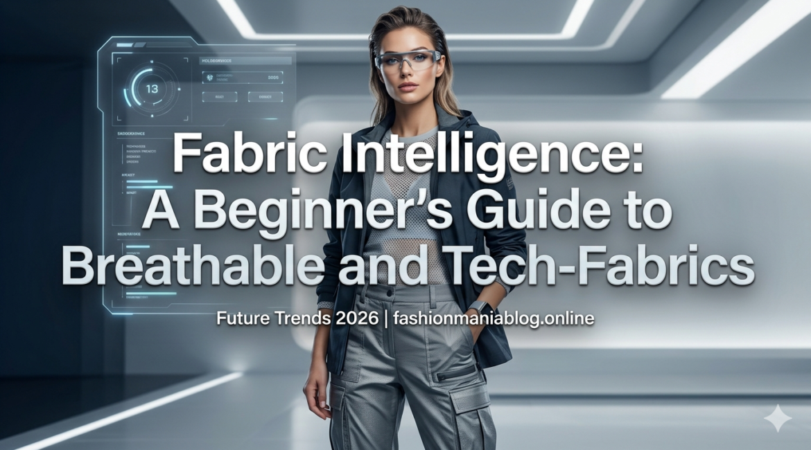 A futuristic fashion editorial image featuring a model in grey techwear with text overlay reading 'Fabric Intelligence: A Beginner’s Guide to Breathable and Tech-Fabrics'.