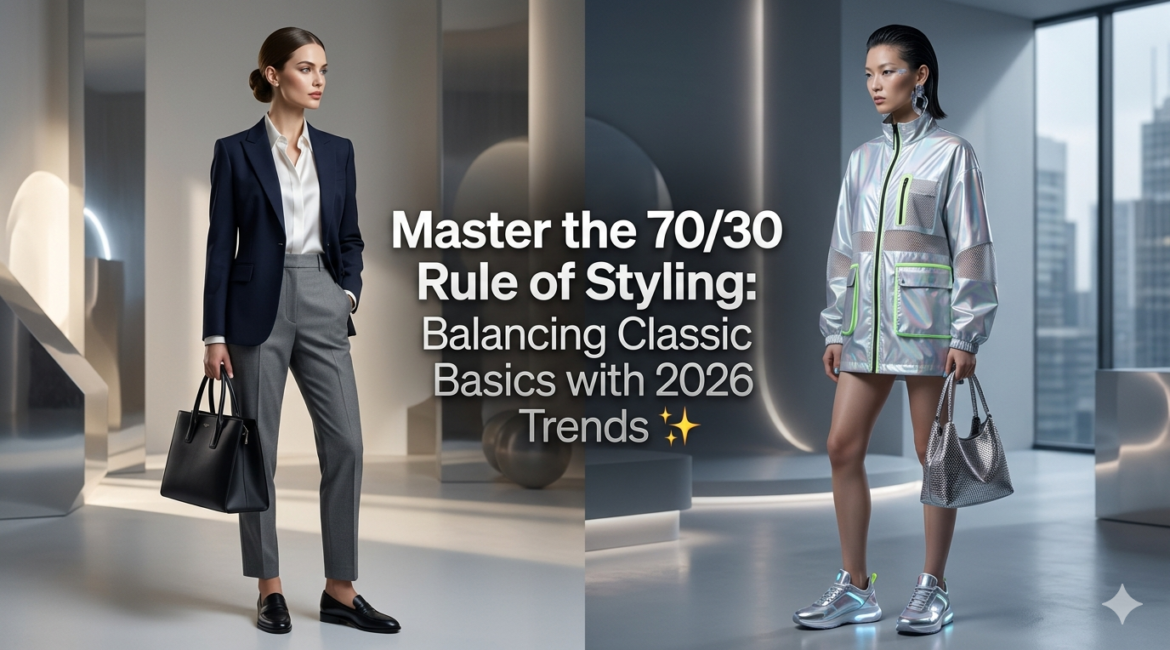A split image illustrating fashion styles. On the left, a model in a classic navy blazer and grey trousers. On the right, a model in a holographic silver jacket and futuristic sneakers, showing 2026 trends.