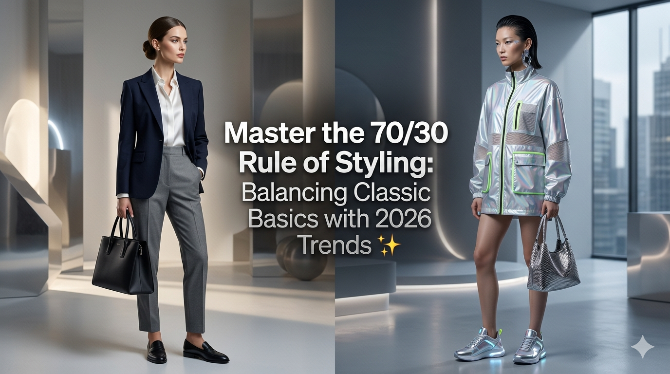 A split image illustrating fashion styles. On the left, a model in a classic navy blazer and grey trousers. On the right, a model in a holographic silver jacket and futuristic sneakers, showing 2026 trends.