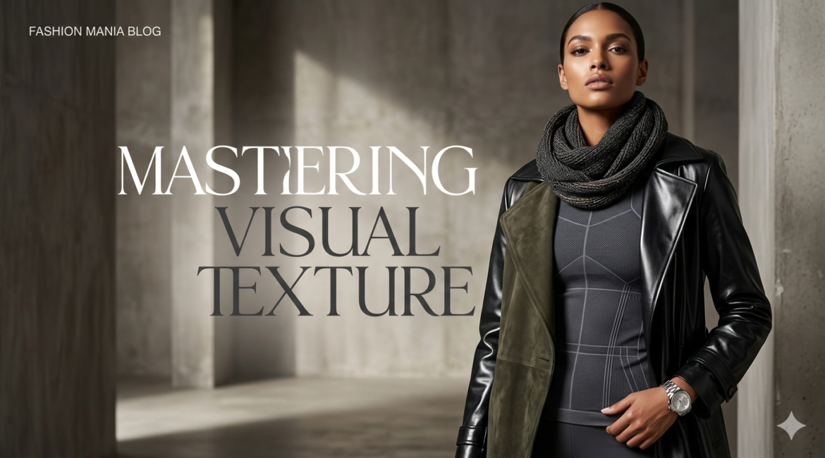 A high-fashion model wearing a layered outfit of black leather, charcoal suede, and grey tech-knit in a cinematic studio setting.