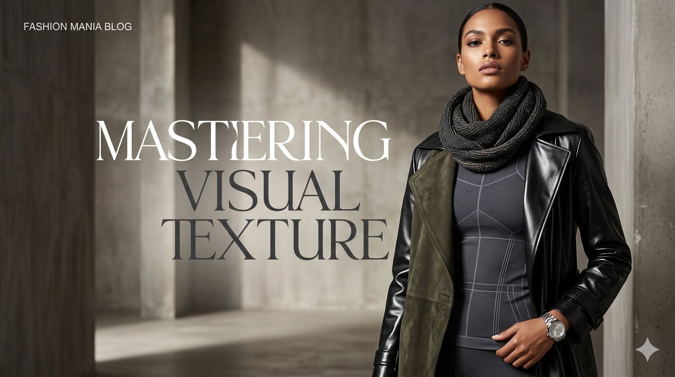 A high-fashion model wearing a layered outfit of black leather, charcoal suede, and grey tech-knit in a cinematic studio setting.