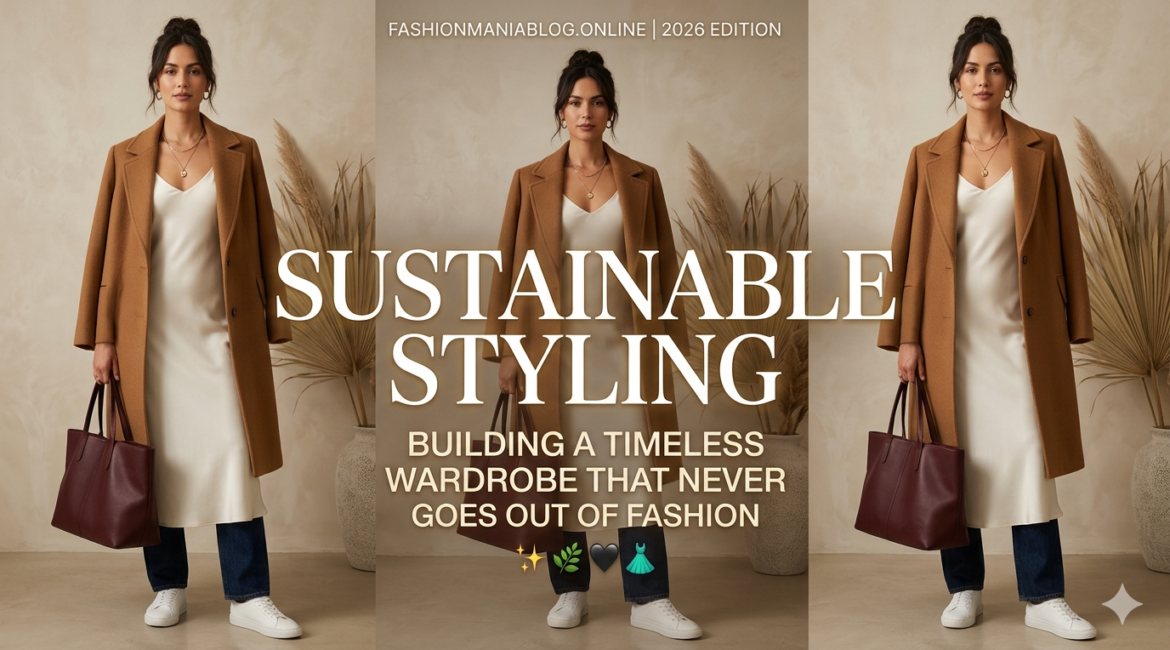high-fashion editorial shot of a woman in a neutral-toned sustainable wool coat and silk dress, representing 2026 fashion trends.