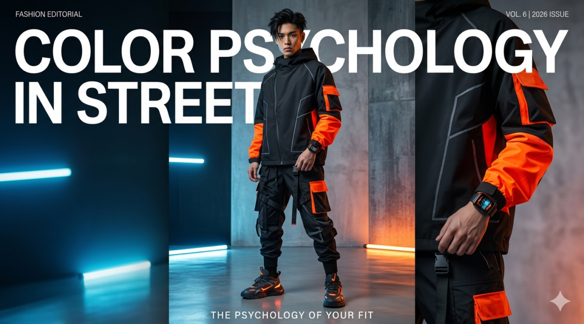 A high-fashion 2026 streetwear editorial showing a model in vibrant neon and matte black techwear illustrating color psychology.