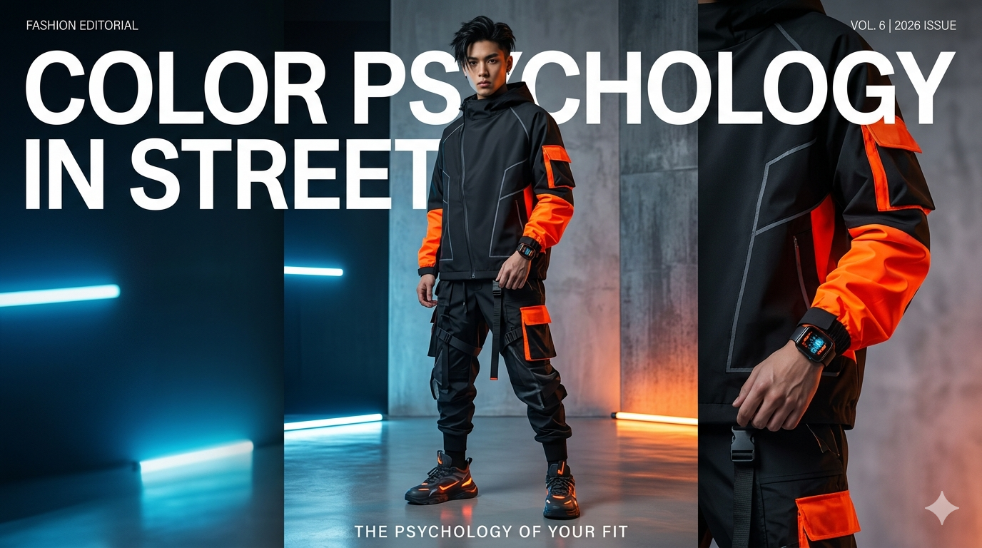 A high-fashion 2026 streetwear editorial showing a model in vibrant neon and matte black techwear illustrating color psychology.