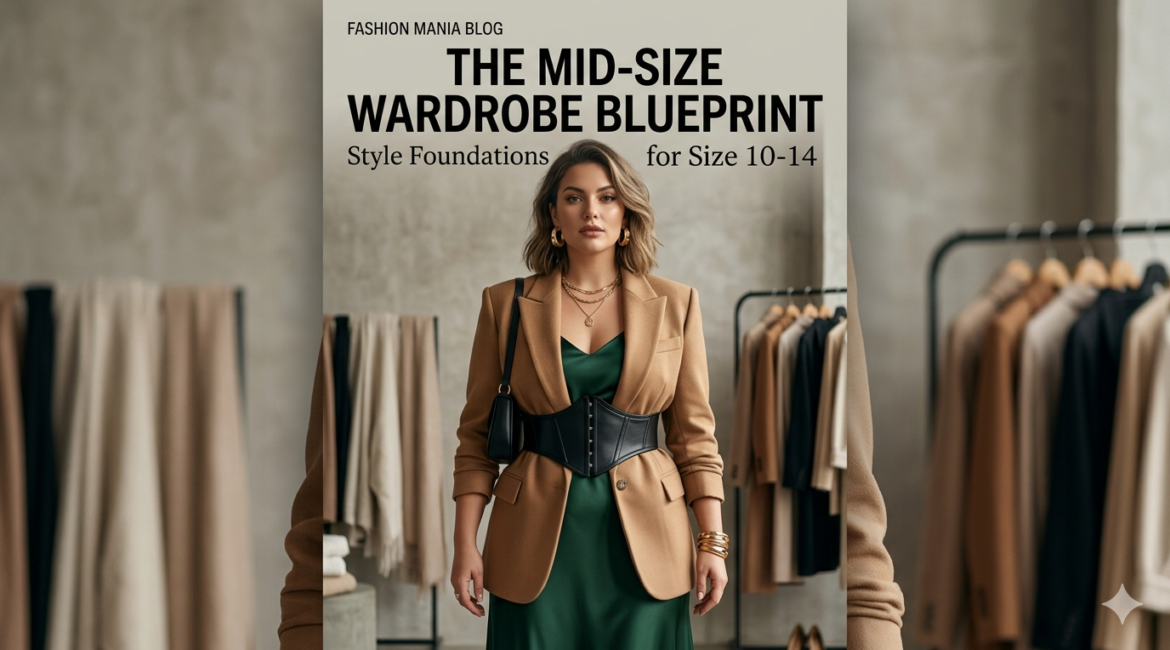A chic woman wearing a structured blazer and silk dress representing mid-size style foundations size 10 to 14.