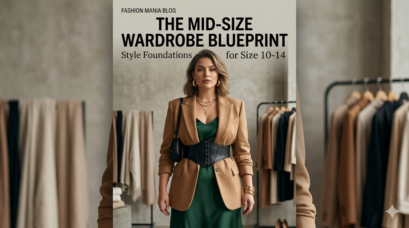 A chic woman wearing a structured blazer and silk dress representing mid-size style foundations size 10 to 14.