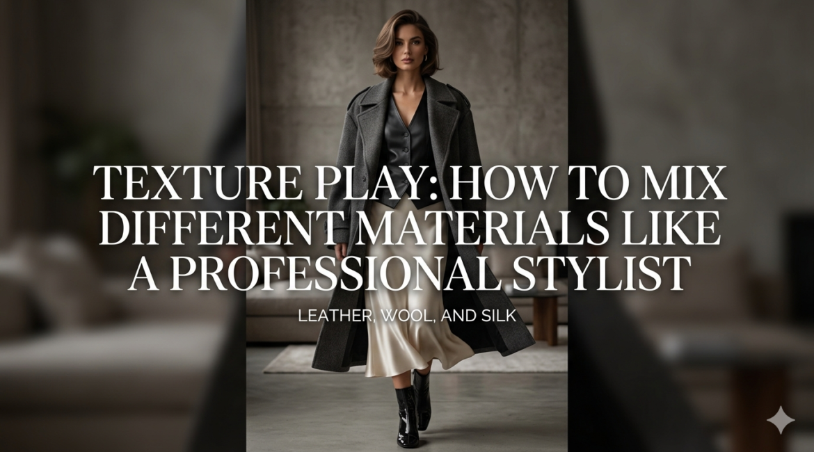 Professional fashion stylist mixing leather jacket with wool sweater and silk skirt 2026 trend.