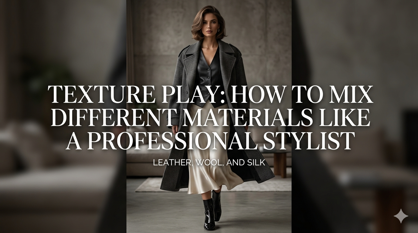 Professional fashion stylist mixing leather jacket with wool sweater and silk skirt 2026 trend.