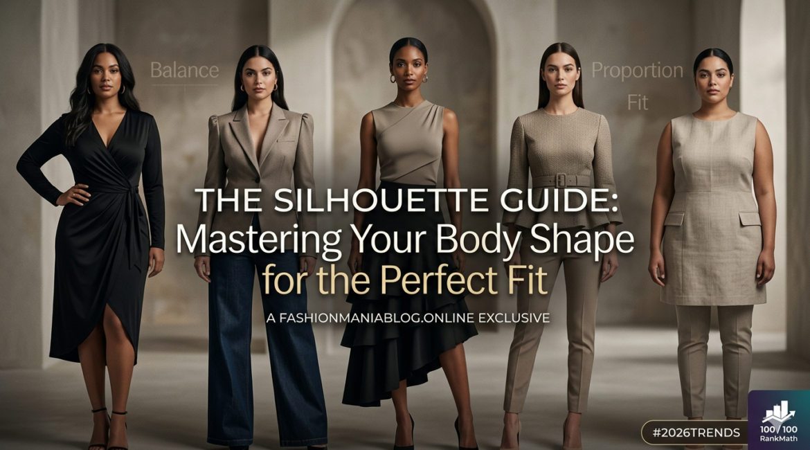 Five diverse women wearing 2026 fashion tailored to five different body silhouettes (Hourglass, Pear, Inverted Triangle, Rectangle, Apple) for the FashionManiaBlog article.