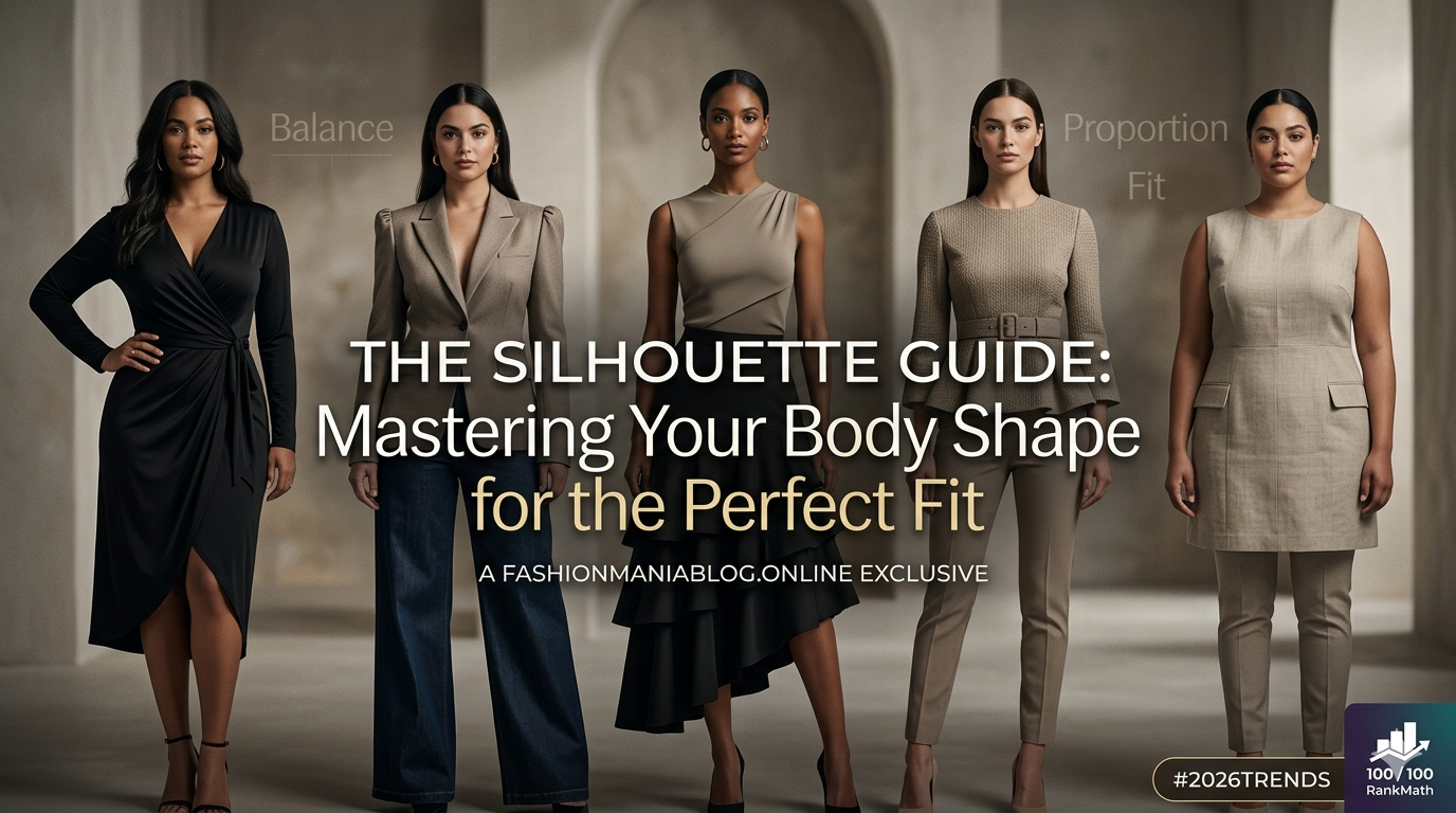 Five diverse women wearing 2026 fashion tailored to five different body silhouettes (Hourglass, Pear, Inverted Triangle, Rectangle, Apple) for the FashionManiaBlog article.