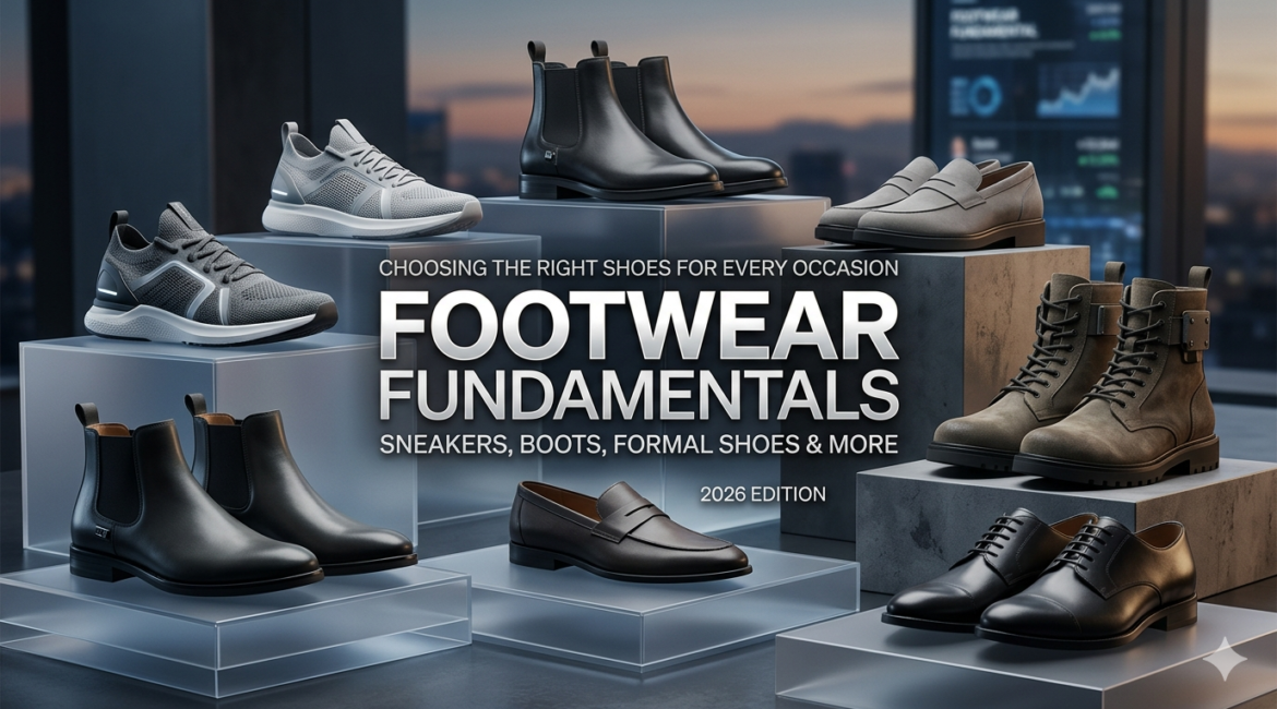 A 2026 fashion editorial style feature image showing an elegant arrangement of sneakers, boots, and formal shoes on clear acrylic blocks.