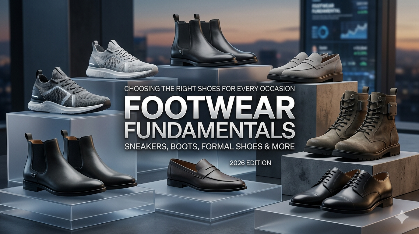 A 2026 fashion editorial style feature image showing an elegant arrangement of sneakers, boots, and formal shoes on clear acrylic blocks.
