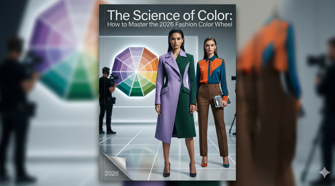 A 2026 fashion color wheel guide featuring Digital Lavender and Cobalt Teal outfits.