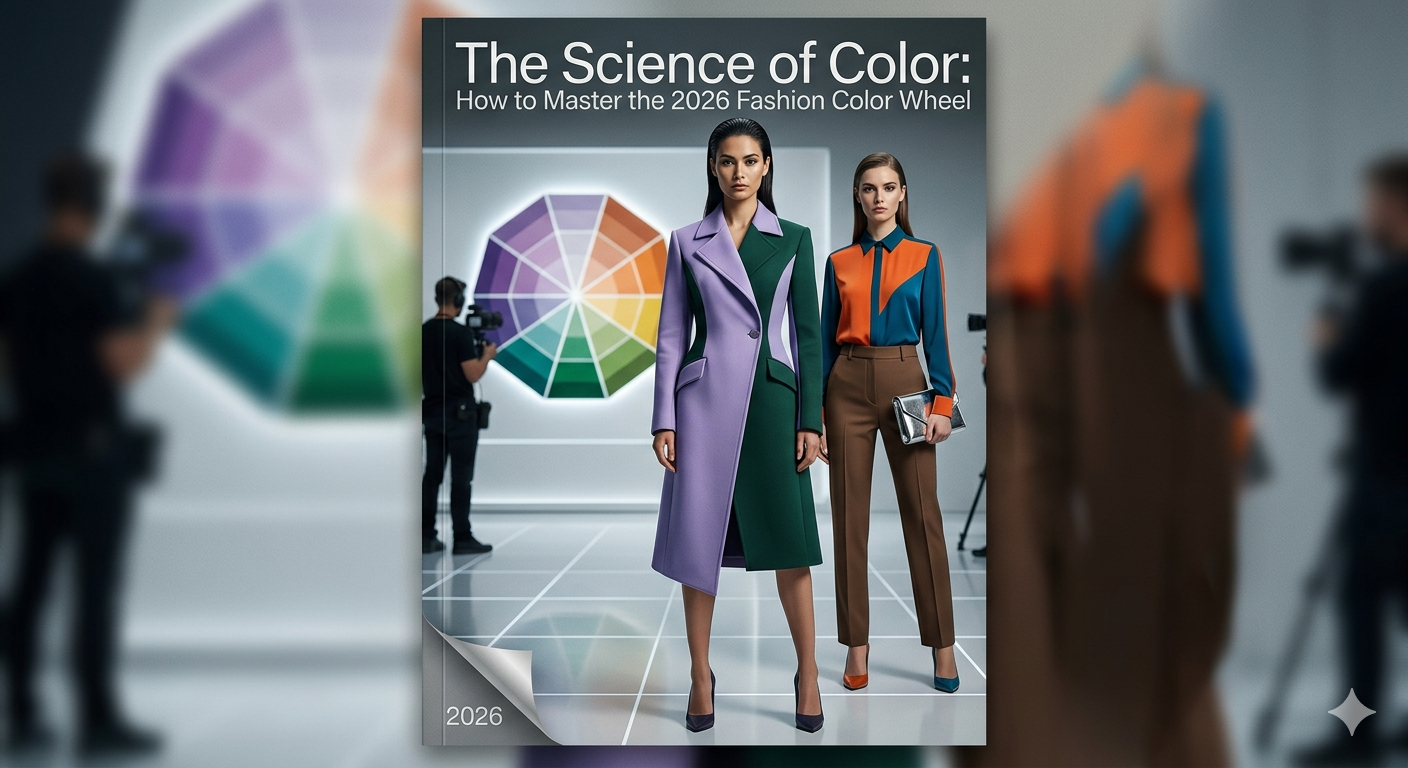 A 2026 fashion color wheel guide featuring Digital Lavender and Cobalt Teal outfits.