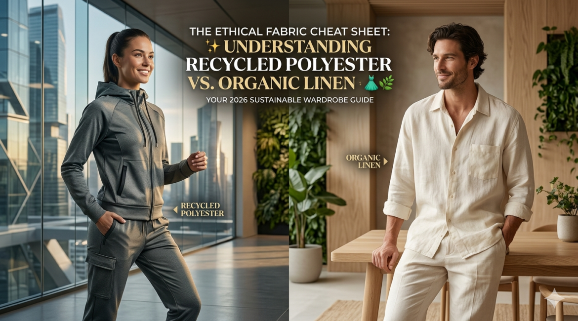 A 2026 fashion editorial showing a model wearing a blend of recycled polyester techwear and organic linen luxury loungewear.
