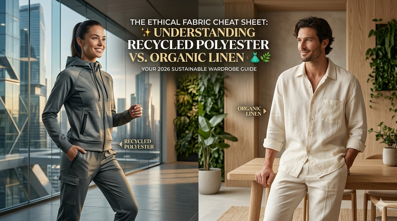 A 2026 fashion editorial showing a model wearing a blend of recycled polyester techwear and organic linen luxury loungewear.