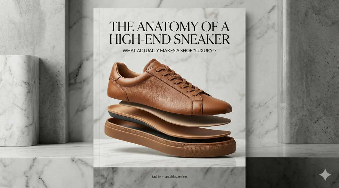 Close-up of a high-end leather sneaker showing hand-stitched details and premium texture.