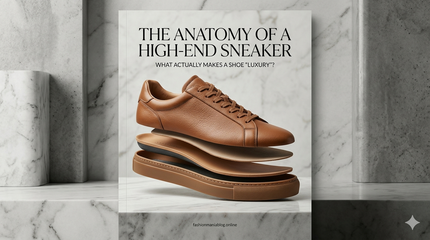 Close-up of a high-end leather sneaker showing hand-stitched details and premium texture.