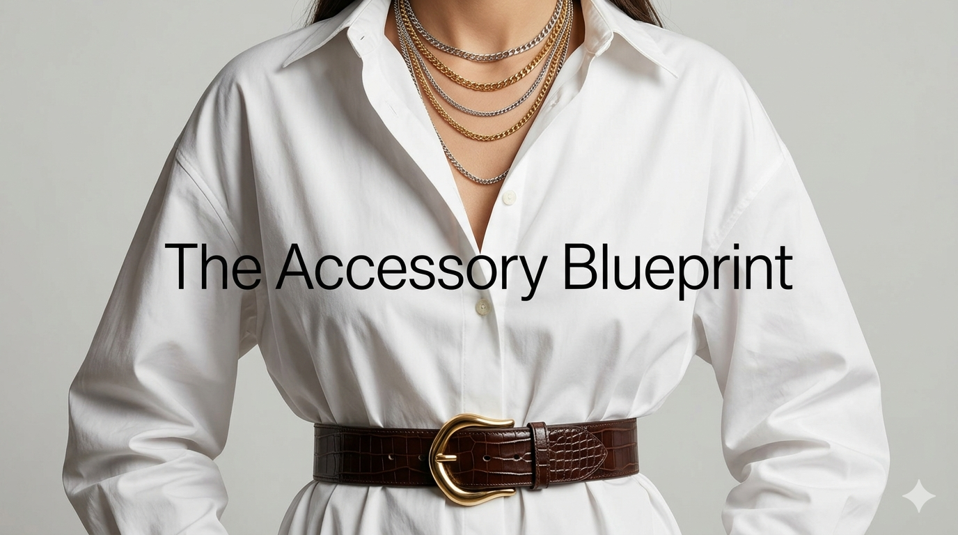 Close-up of a woman styling a white shirt with a brown leather belt and layered gold jewelry chains.