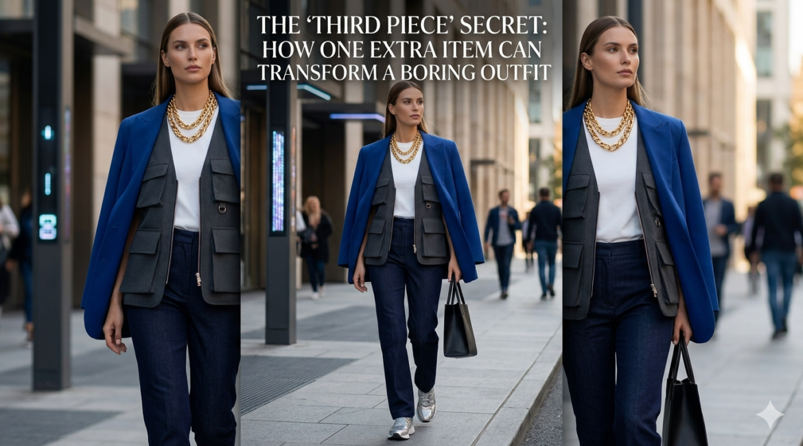 A professional model wearing a blue blazer and grey tech-vest over a minimalist white top, demonstrating the 'Third Piece' styling rule on a city street.