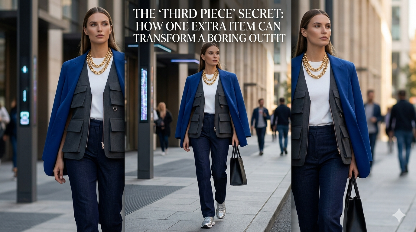 A professional model wearing a blue blazer and grey tech-vest over a minimalist white top, demonstrating the 'Third Piece' styling rule on a city street.