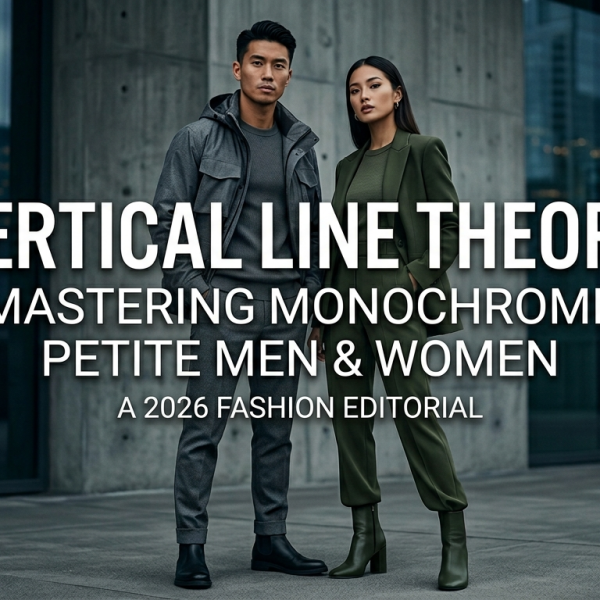 A petite man and woman standing back-to-back in high-fashion monochromatic urban streetwear, showcasing the Vertical Line Theory.