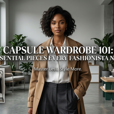 A flat lay of 15 essential fashion pieces including a trench coat, white shirt, and leather boots for a capsule wardrobe