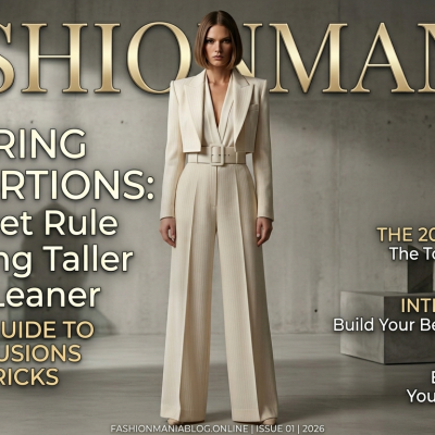 A tall, lean woman wearing high-waisted wide-leg trousers and a V-neck bodysuit in a monochromatic studio setting.