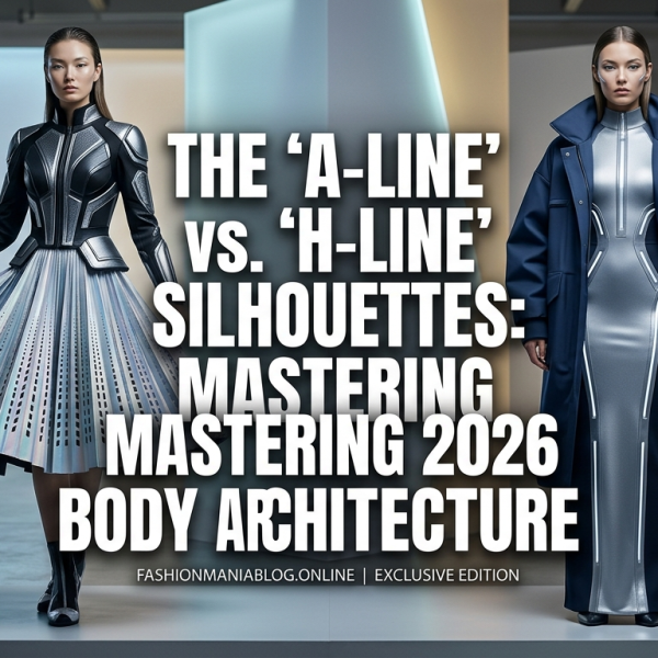 A futuristic magazine cover featuring two models in stylized garments illustrating the A-line and H-line silhouettes. The left model wears a flared A-line skirt and top, and the right model wears a straight H-line dress and coat. Text reads: "THE 'A-LINE' VS. 'H-LINE' SILHOUETTES: MASTERING 2026 BODY ARCHITECTURE