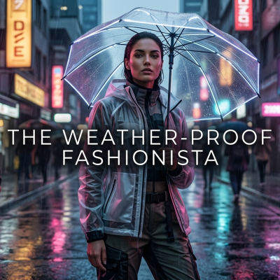 A woman in a cinematic 2026 fashion editorial wearing a translucent techwear trench coat and hybrid boots in a rainy urban setting.