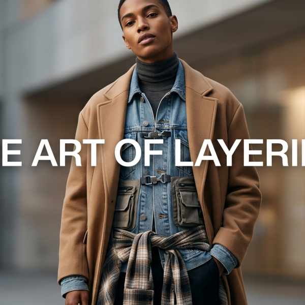 A stylish model wearing multiple layers including a hoodie, denim jacket, and trench coat in a high-fashion 2026 aesthetic.
