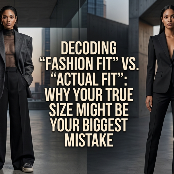 2026 fashion editorial showing a model wearing a mix of oversized and slim fit clothing for a magazine cover.