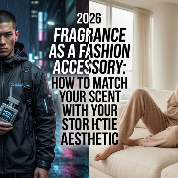 A high-fashion editorial shot featuring a 2026 Techwear outfit and a luxury perfume bottle in a cinematic studio setting.