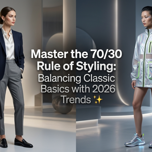 A split image illustrating fashion styles. On the left, a model in a classic navy blazer and grey trousers. On the right, a model in a holographic silver jacket and futuristic sneakers, showing 2026 trends.