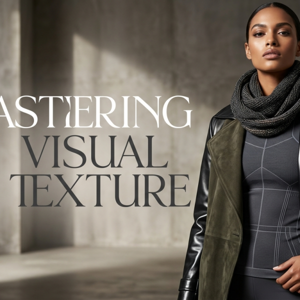 A high-fashion model wearing a layered outfit of black leather, charcoal suede, and grey tech-knit in a cinematic studio setting.