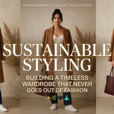 high-fashion editorial shot of a woman in a neutral-toned sustainable wool coat and silk dress, representing 2026 fashion trends.