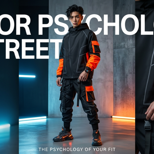 A high-fashion 2026 streetwear editorial showing a model in vibrant neon and matte black techwear illustrating color psychology.