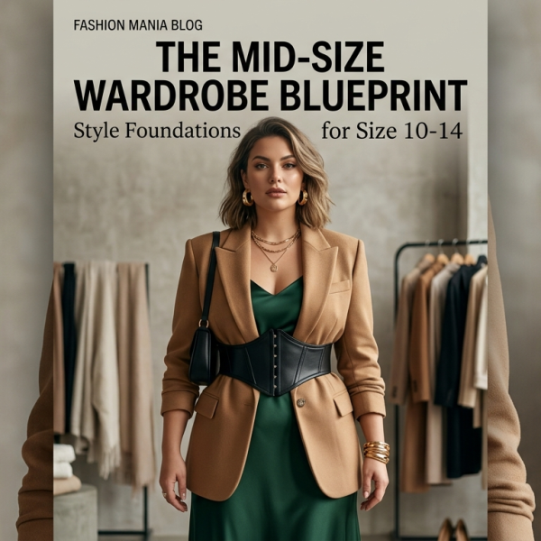 A chic woman wearing a structured blazer and silk dress representing mid-size style foundations size 10 to 14.