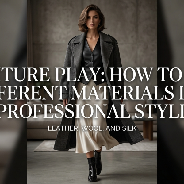 Professional fashion stylist mixing leather jacket with wool sweater and silk skirt 2026 trend.