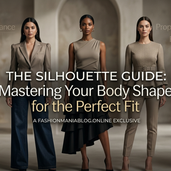 Five diverse women wearing 2026 fashion tailored to five different body silhouettes (Hourglass, Pear, Inverted Triangle, Rectangle, Apple) for the FashionManiaBlog article.