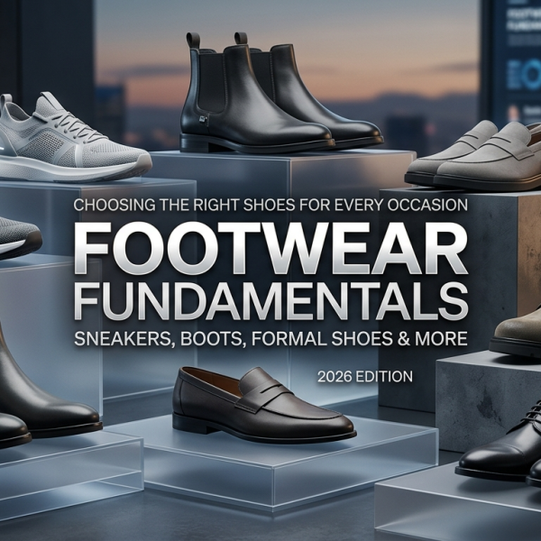 A 2026 fashion editorial style feature image showing an elegant arrangement of sneakers, boots, and formal shoes on clear acrylic blocks.