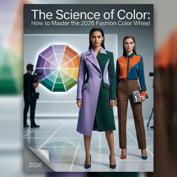 A 2026 fashion color wheel guide featuring Digital Lavender and Cobalt Teal outfits.