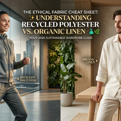 A 2026 fashion editorial showing a model wearing a blend of recycled polyester techwear and organic linen luxury loungewear.