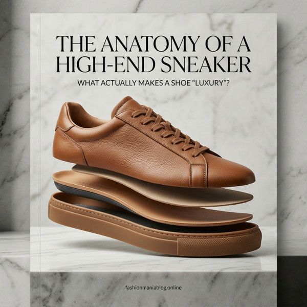 Close-up of a high-end leather sneaker showing hand-stitched details and premium texture.