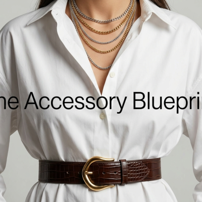 Close-up of a woman styling a white shirt with a brown leather belt and layered gold jewelry chains.