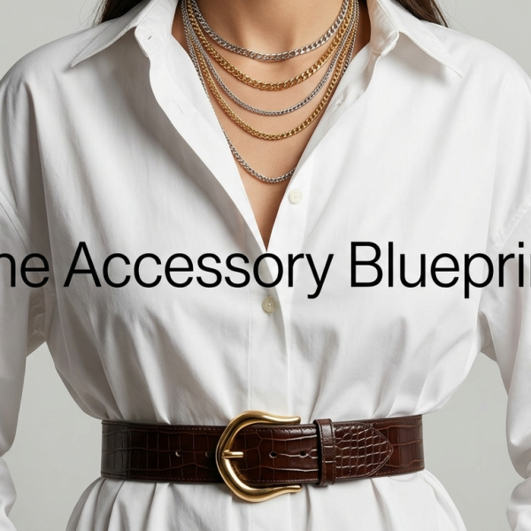 Close-up of a woman styling a white shirt with a brown leather belt and layered gold jewelry chains.